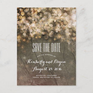 Golden String Lights Rustiek hout Save the Date Aankondigingskaart
