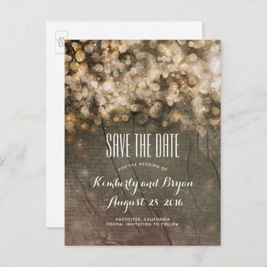 Golden String Lights Rustiek hout Save the Date Aankondigingskaart (Voorkant / Achterkant)