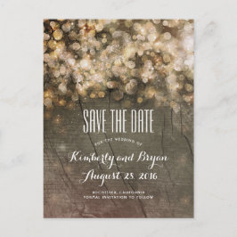 Golden String Lights Rustiek hout Save the Date Aankondigingskaart