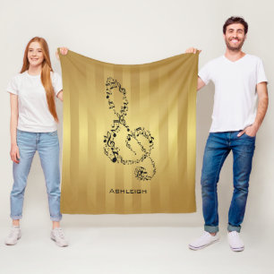 Golden Stripes Black Treble Clef Muzieknoten Fleece Deken