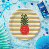 Golden Stripes Red en Green Tropical Pineapple Papieren Bordje (Feest)