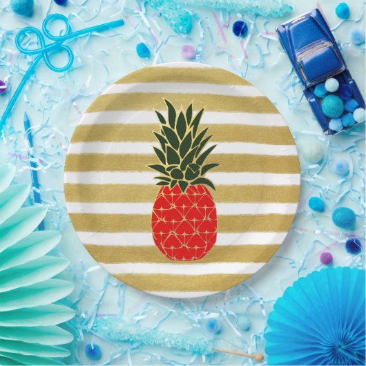 Golden Stripes Red en Green Tropical Pineapple Papieren Bordje (Feest)