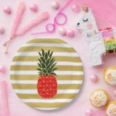 Golden Stripes Red en Green Tropical Pineapple Papieren Bordje (Feest)