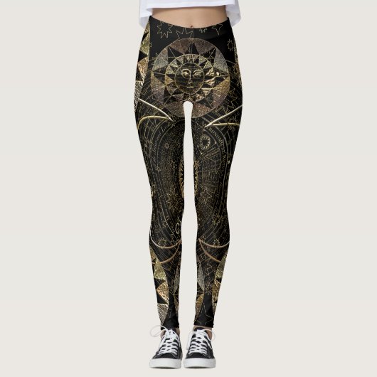 Golden Sun Moon Stars Celestial Astronomy art Leggings (Voorkant)