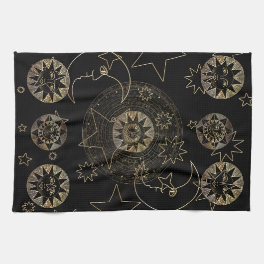 Golden Sun Moon Stars Celestial Astronomy art Theedoek (Horizontaal)