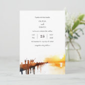 Golden Sundown Sky Pier Gevist Art Beach Wedding Kaart (Staand voorkant)