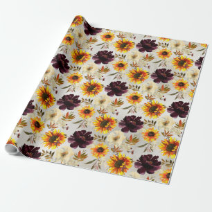 Golden Sunflower Bordeaux Wine Peonies Floral Cadeaupapier