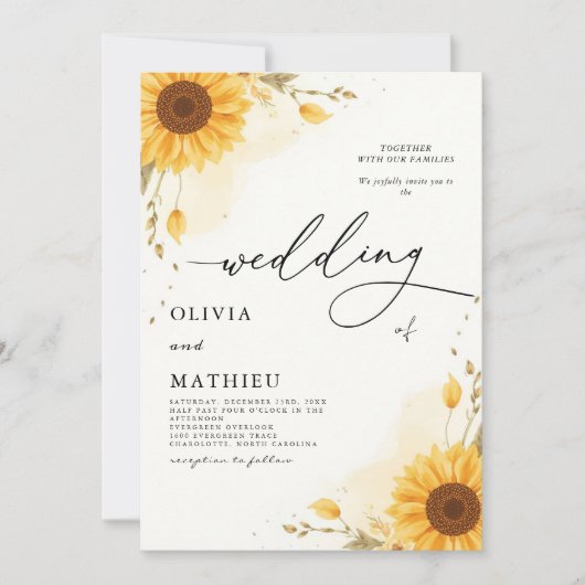 Golden Sunflower Botanische Romance bruiloft Kaart (Voorkant)