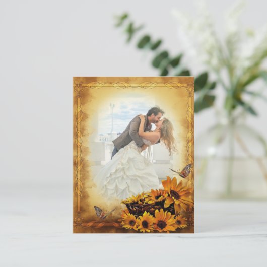 Golden Sunflower en Butterflies Wedding Kaart (Staand voorkant)