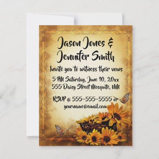 Golden Sunflower en Butterflies Wedding Kaart (Achterkant)