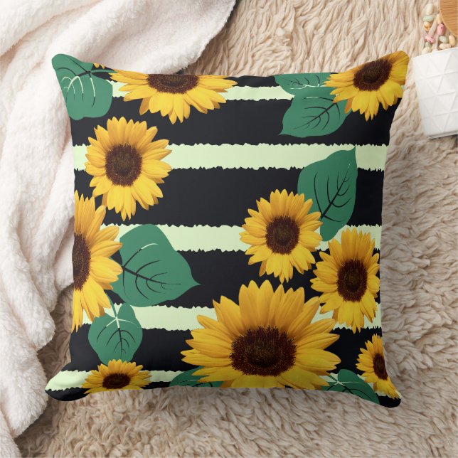 Golden Sunflower en Jagged Navy Stripes Graphic Kussen (Deken)