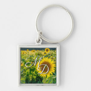 Golden Sunflower Field Monogram Square Sleutelhang Sleutelhanger