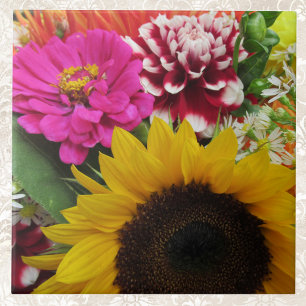 Golden Sunflower Pink Dahlia en Paarse Zinnia Tegeltje