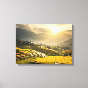 Golden Sunrise boven de weelderige rijstvelden Canvas Afdruk