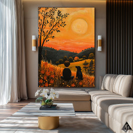 Golden Sunset Companions - Naïf Rural Serenity Art Poster