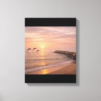 Golden Sunset Dolphins Beach Canvas Wall Art | Coa Afdruk
