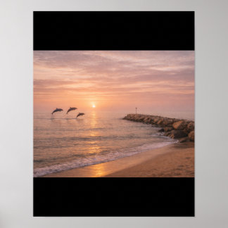 Golden Sunset Dolphins Beach Canvas Wall Art | Coa Poster