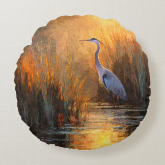 Golden Sunset Heron Autumn Watercolor Pillow Rond Kussen