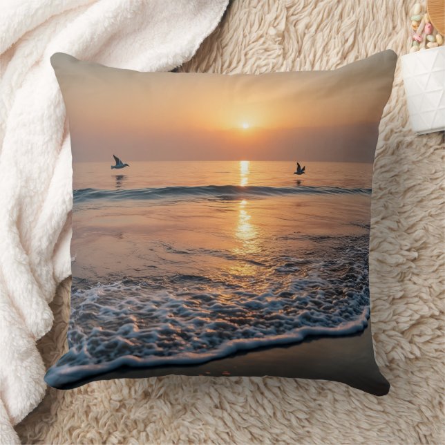 Golden Sunset Ocean Waves with Birds Kussen (Deken)