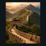 Golden Sunset on the Great Wall Poster<br><div class="desc">This artwork portrays the winding Great Wall of China stretching across green hills under a golden sunset. Watchtowers punctuate the stone pathway as it follows the mountain ridges,  evoking centuries of history and human endeavor. It celebrates the grandeur of ancient engineering and the harmony between architecture and landscape.</div>