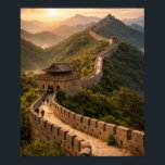 Golden Sunset on the Great Wall Poster<br><div class="desc">This artwork portrays the winding Great Wall of China stretching across green hills under a golden sunset. Watchtowers punctuate the stone pathway as it follows the mountain ridges, evoking centuries of history and human endeavor. It celebrates the grandeur of ancient engineering and the harmony between architecture and landscape.</div>