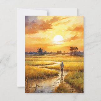Golden Sunset Over Rural Rice Fields Briefkaart