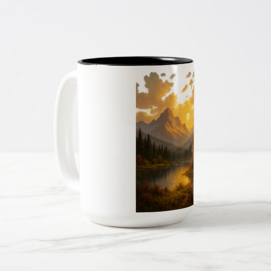 Golden Sunset Over Tranquil Mountain Lake Tweekleurige Koffiemok (Voorkant links)