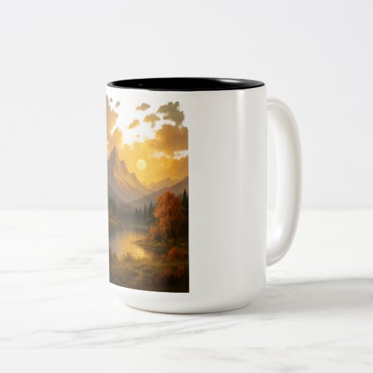 Golden Sunset Over Tranquil Mountain Lake Tweekleurige Koffiemok (Voorkant rechts)
