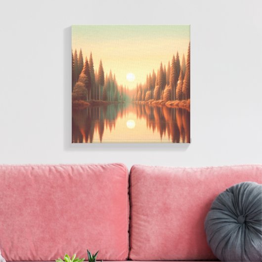 Golden Sunset Reflections by Quiet Pine Lake Canvas Afdruk (Insitu (Woonkamer))