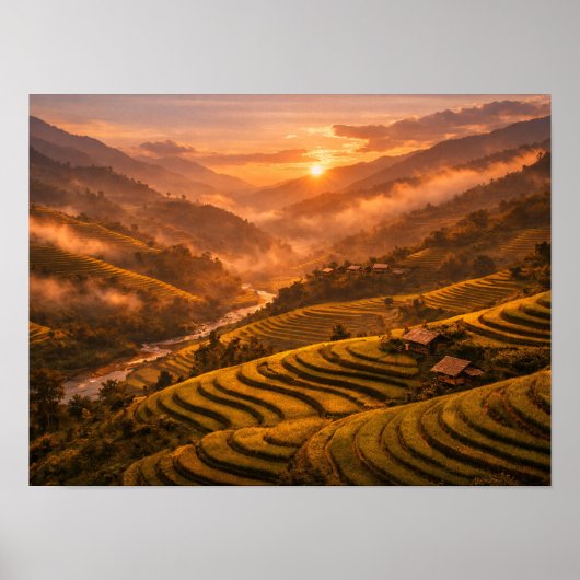 Golden Sunset Rice Terraces Poster (Voorkant)
