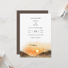 Golden Sunset Sandy Dunes Waterverf Beach Wedding Kaart
