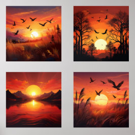 Golden Sunset Silhouetten Set van 4 - Natuur Art