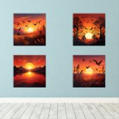 Golden Sunset Silhouetten Set van 4 - Natuur Art (Houten vloer)