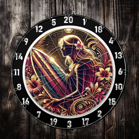 Golden Sunset Surfer met Neon Glow Dartbord