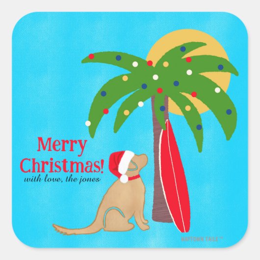 Golden Surf Dog Palm Tree Sunshine Christmas Vierkante Sticker (Voorkant)