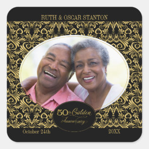Golden Swirls op Black 50th Jubileum Foto Vierkante Sticker