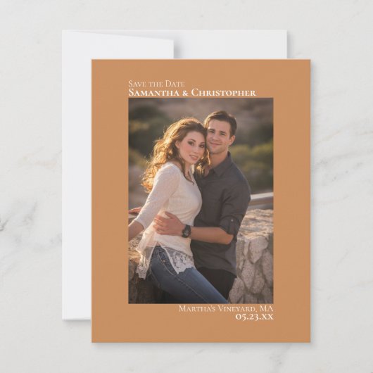 Golden Tan Vertical Photo Minimalist Weddenschap Save The Date (Voorkant)