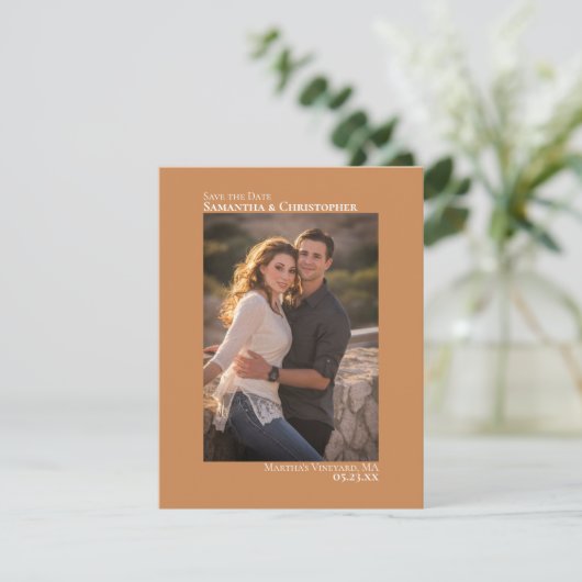 Golden Tan Vertical Photo Minimalist Weddenschap Save The Date (Staand voorkant)