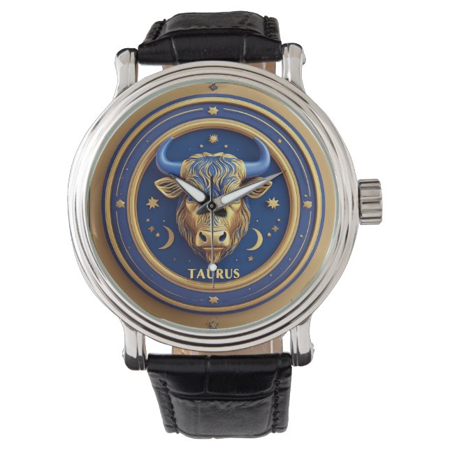 Golden Taurus Bull In Cosmic Zodiac Circle Horloge (Voorkant)