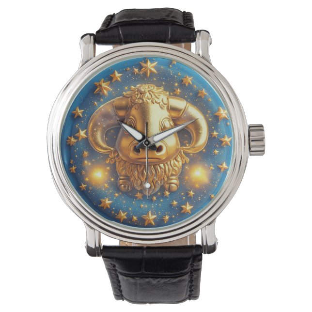 Golden Taurus Symbol On Blue Circle Horloge (Voorkant)