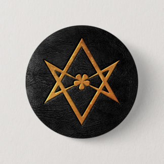 Golden Thelemic Unicursal Hexagram Black Leather Ronde Button 5,7 Cm