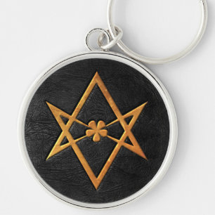 Golden Thelemic Unicursal Hexagram Black Leather Sleutelhanger