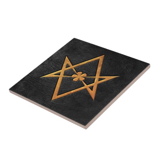 Golden Thelemic Unicursal Hexagram Black Leather Tegeltje (Zijkant)
