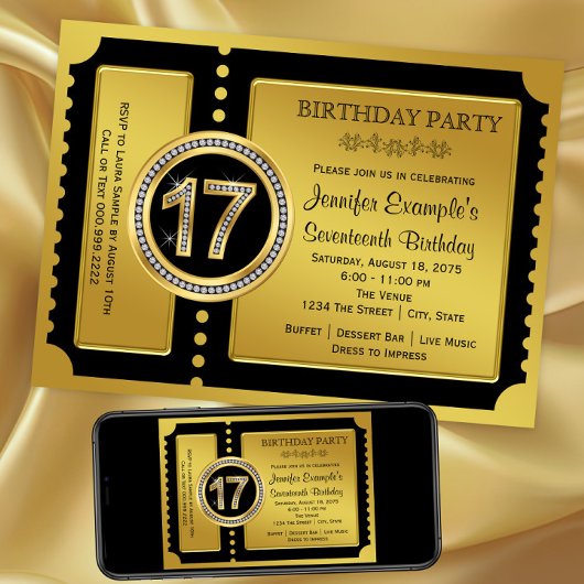 Golden Ticket 17th Birthday Party Invitation Kaart