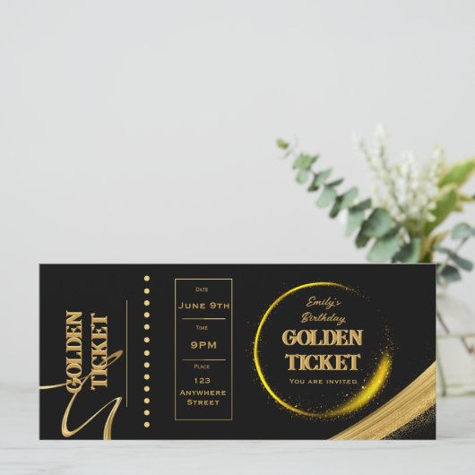 Golden Ticket Black en Gold Invitation Flat Card (Staand voorkant)