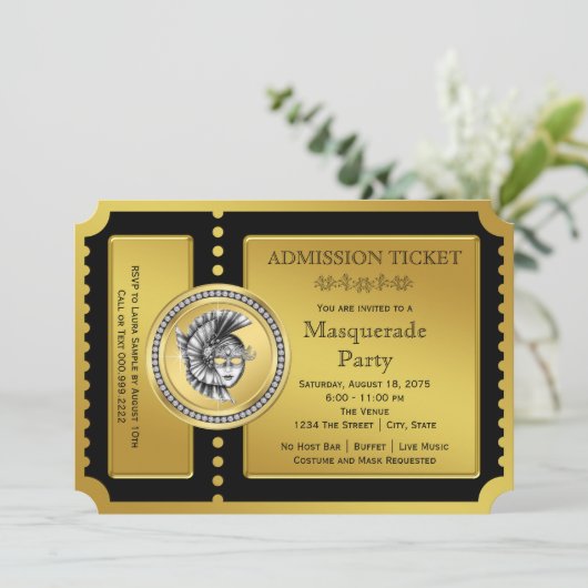 Golden Ticket Black en Gold Masquerade Party Kaart (Staand voorkant)