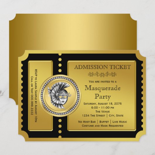 Golden Ticket Black en Gold Masquerade Party Kaart (Voorkant / Achterkant)
