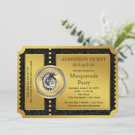 Golden Ticket Gold Masquerade Party Kaart (Staand voorkant)