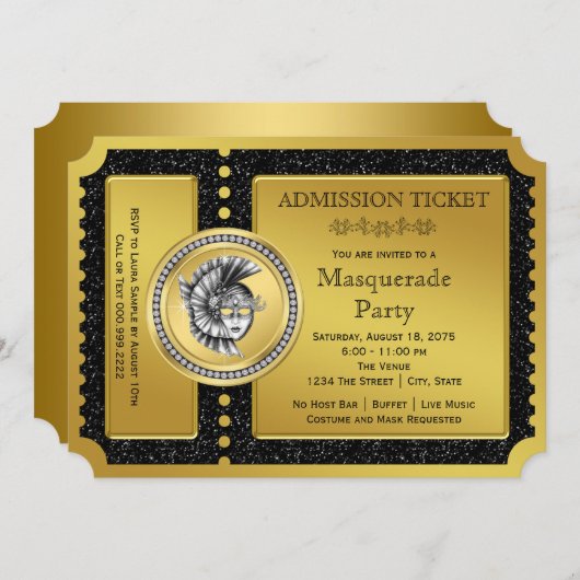 Golden Ticket Gold Masquerade Party Kaart (Voorkant / Achterkant)