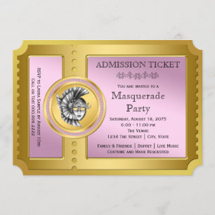 Golden Ticket Pink en Gold Masquerade Party Kaart